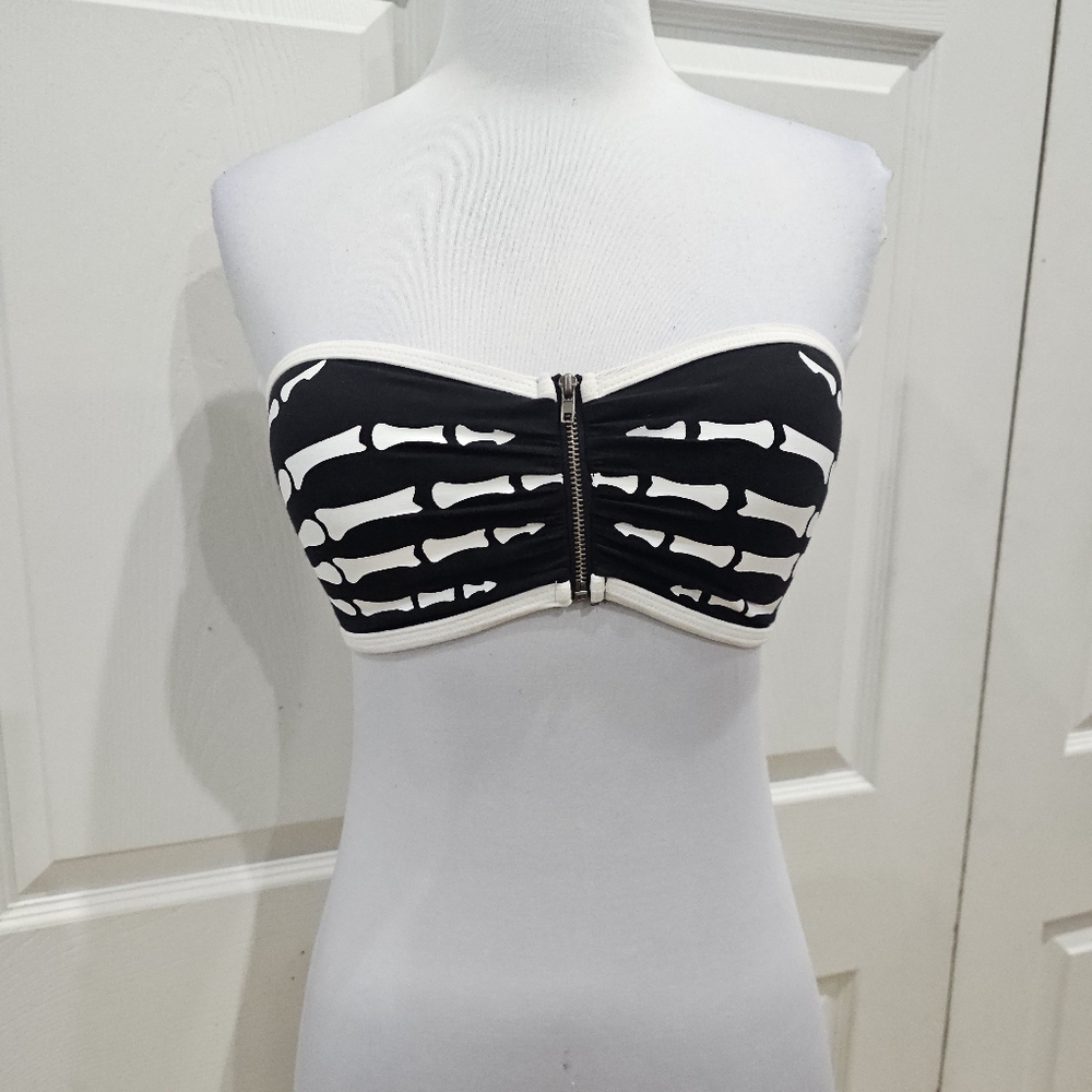 Punk Goth Hot Topic Black White Bones Skeleton Hands Bandeau Zip Top Bra S